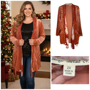 New Indigo Thread Plus Sz 2X Longline Crushed Velvet Open Front Cardigan NWOT